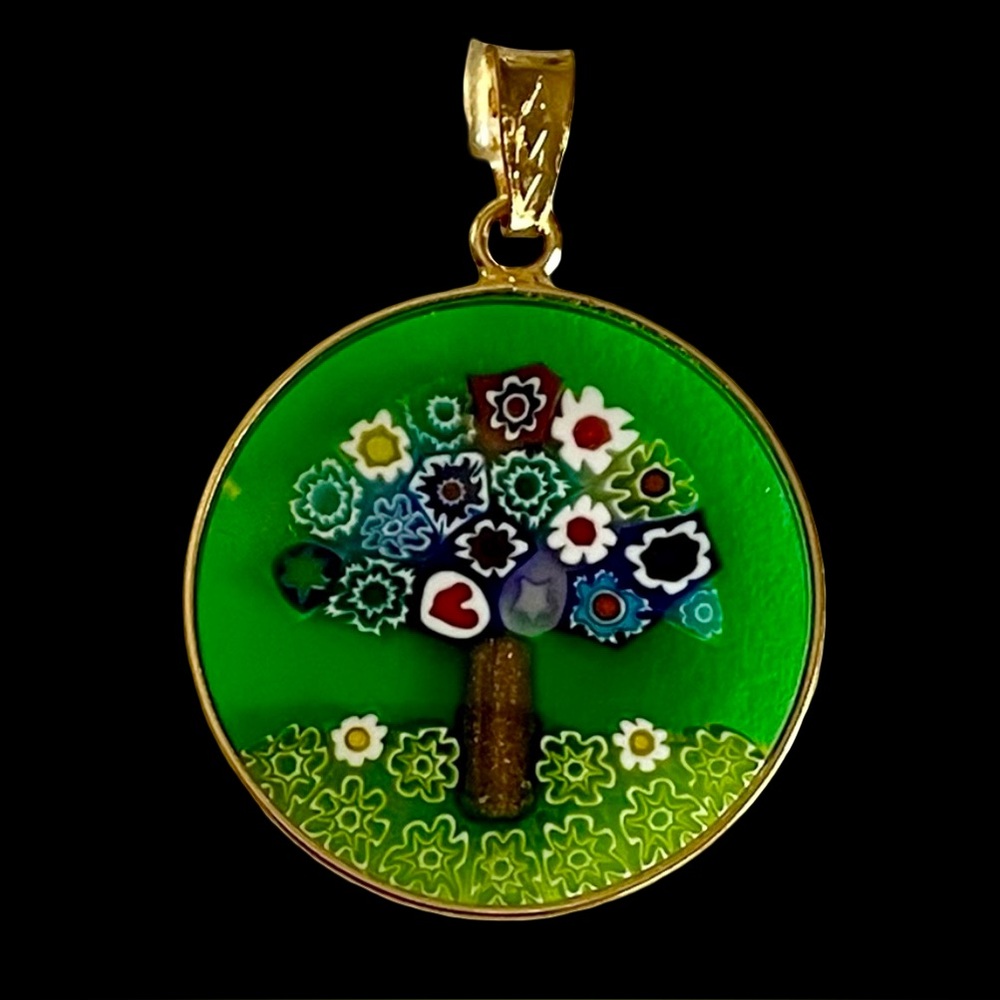 Vintage Signed Millefiori Murano Glass Pendant Tree of Life Green and Gold